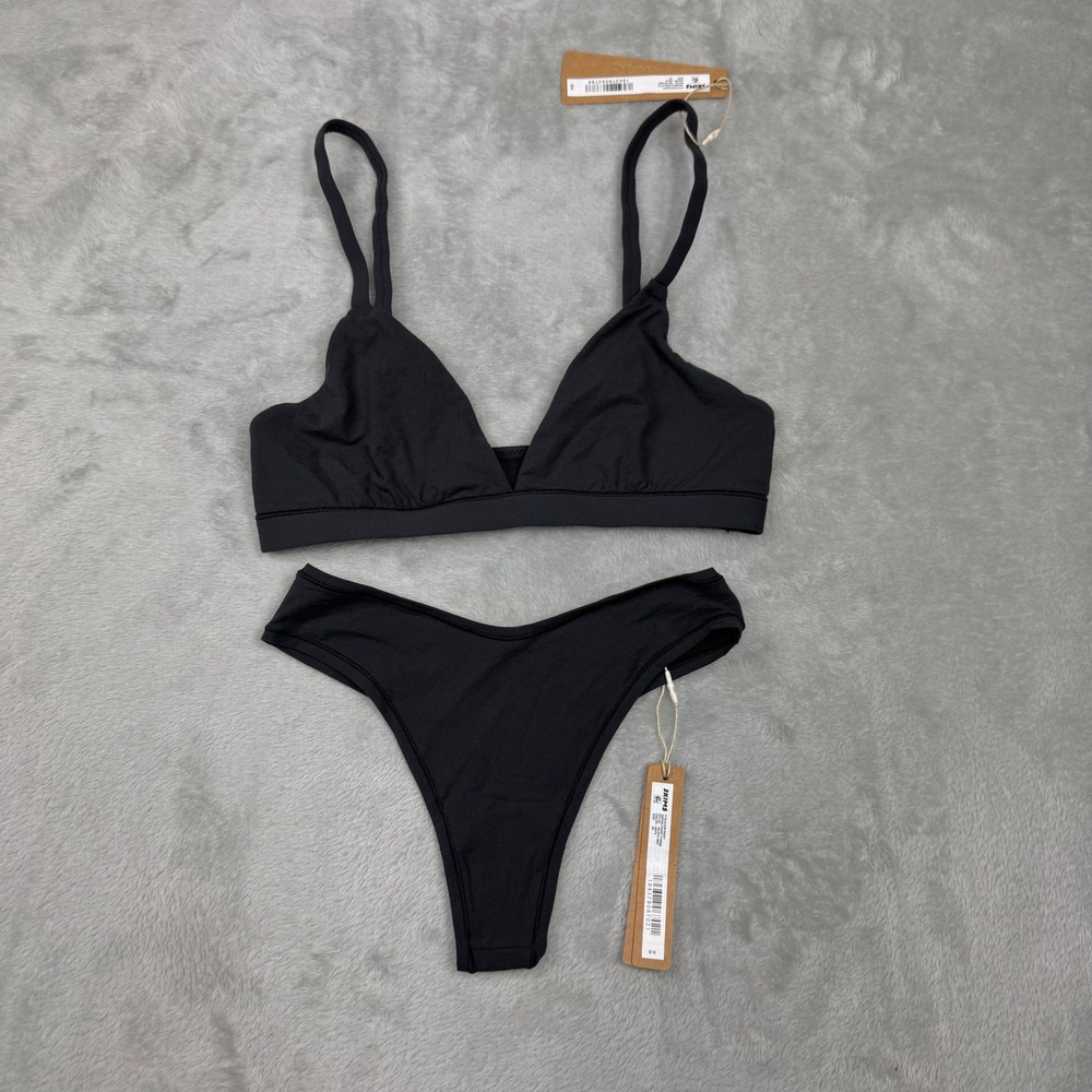 SKIMS Fits Everybody Triangle Bralette & Thong Set XS Onyx Black NWT